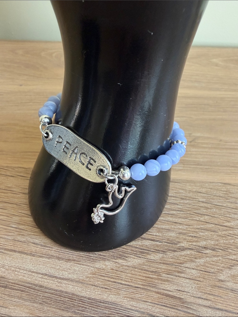 HAND CRAFTED BLUE AGATE PEACE BRACELET Dove Charm Beaded Stretch Jewelry - Picture 6 of 9
